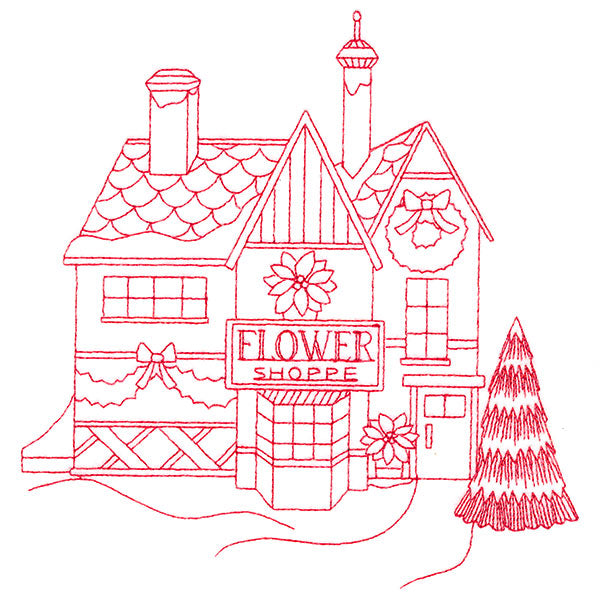 Christmas Village Scenes - Flower Shop (Redwork)