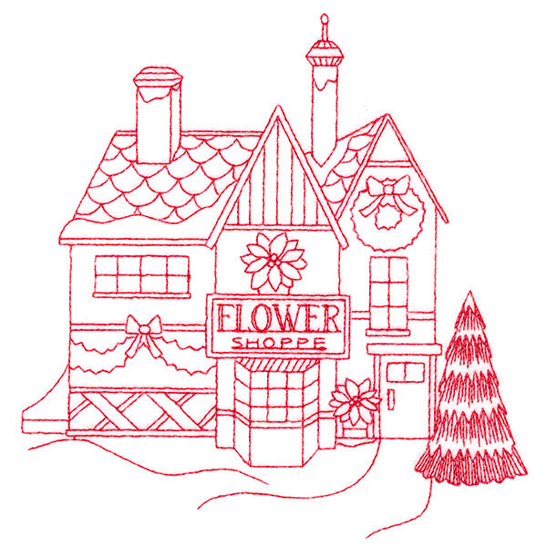 Christmas Village Scenes - Flower Shop (Redwork)