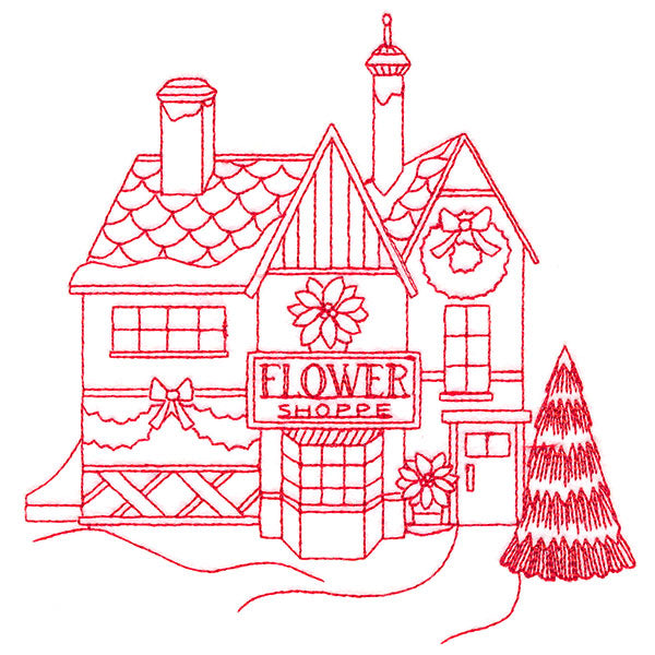 Christmas Village Scenes - Flower Shop (Redwork)
