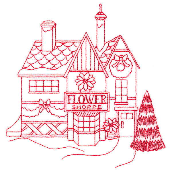 Christmas Village Scenes - Flower Shop (Redwork)