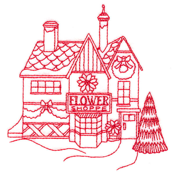 Christmas Village Scenes - Flower Shop (Redwork)