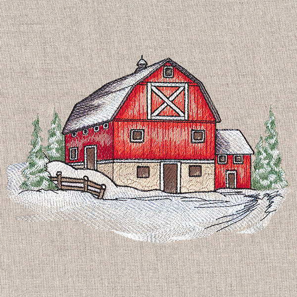 Digitally downloadable machine embroidery design showing a snowy barn, pine trees, and fence stitched on beige fabric.