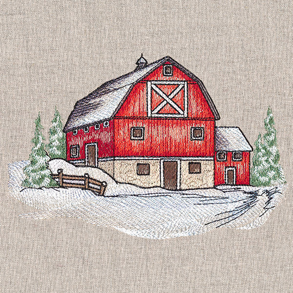 Embroidered red barn with snow, trees, and fence stitched on beige fabric; digitally downloadable machine embroidery design.
