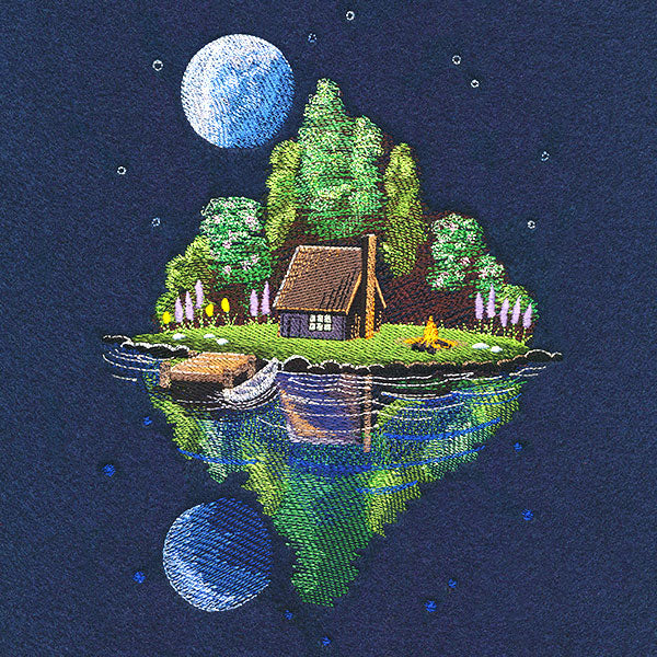 Moonlit Lakeside Spring Cabin Scene