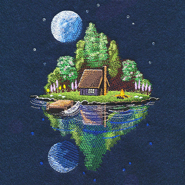 Moonlit Lakeside Spring Cabin Scene