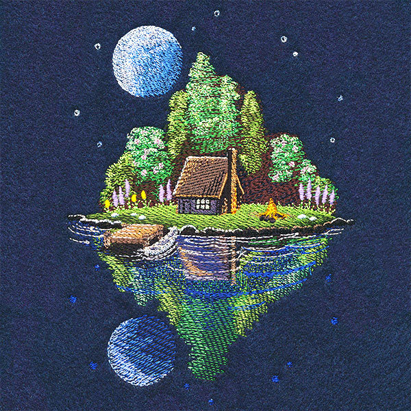 Moonlit Lakeside Spring Cabin Scene