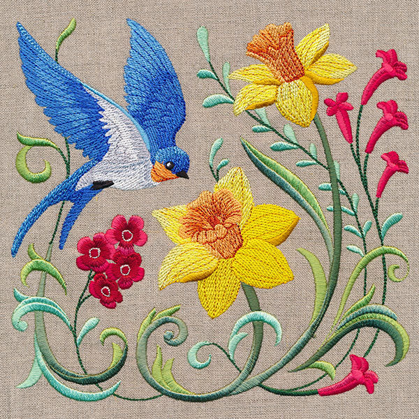 Garden Bluebird in Daffodils and Blooms