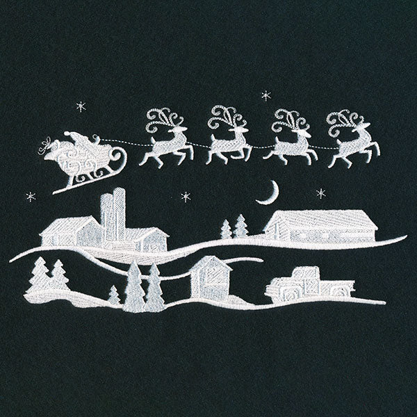 Santa's Flight Over a Snowy Village Scene (Whitework)