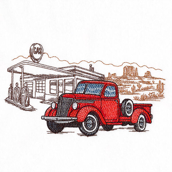 Through the Desert Retro Truck Gas Station Scene