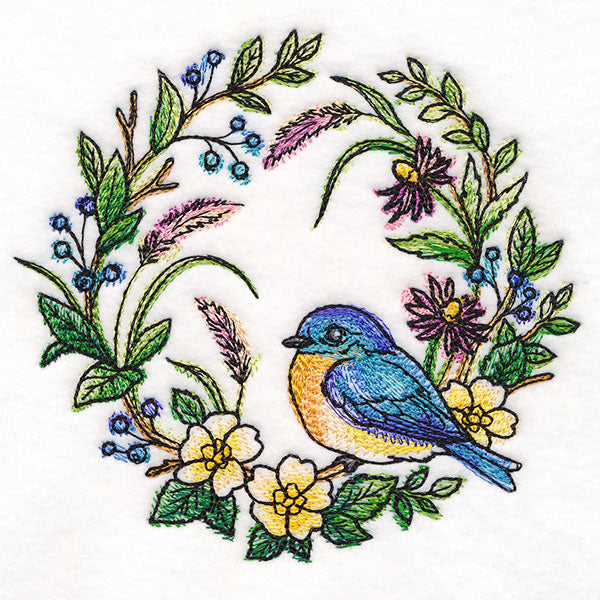 Bluebird in Flowers Wreath