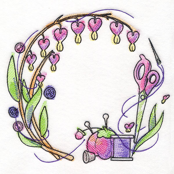 Sewing Notions and Bleeding Heart Flowers Wreath