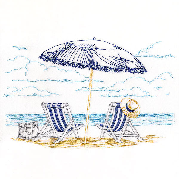 Umbrella and Chairs Beach Scene Etching