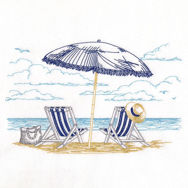 Umbrella and Chairs Beach Scene Etching