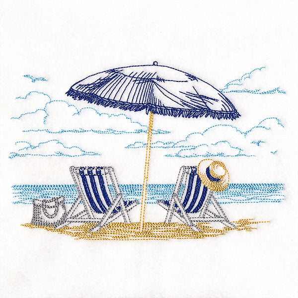 Umbrella and Chairs Beach Scene Etching