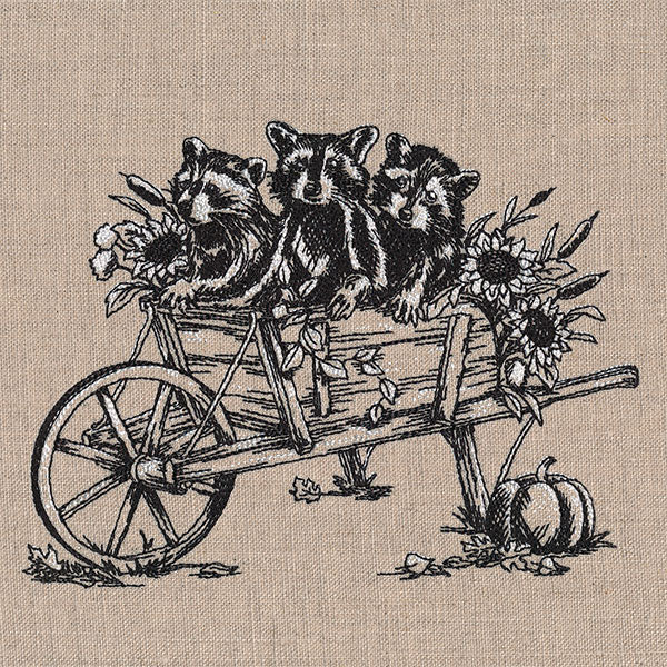 Raccoons in a Wheelbarrow Etching