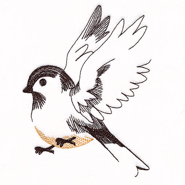 Digitally downloadable machine embroidery design of a chickadee with raised wings, minimal stitching, and yellow accents.