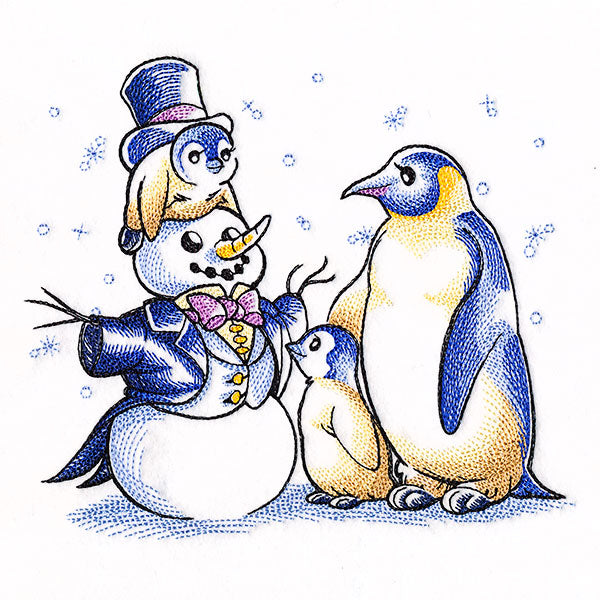 Penguins and Snowman Scene
