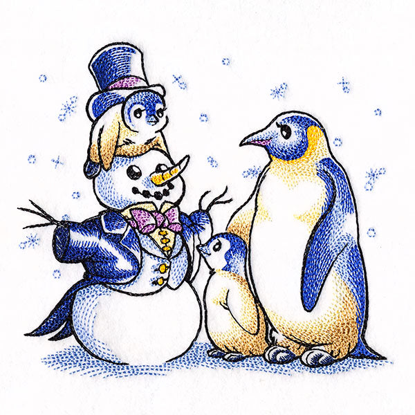 Penguins and Snowman Scene