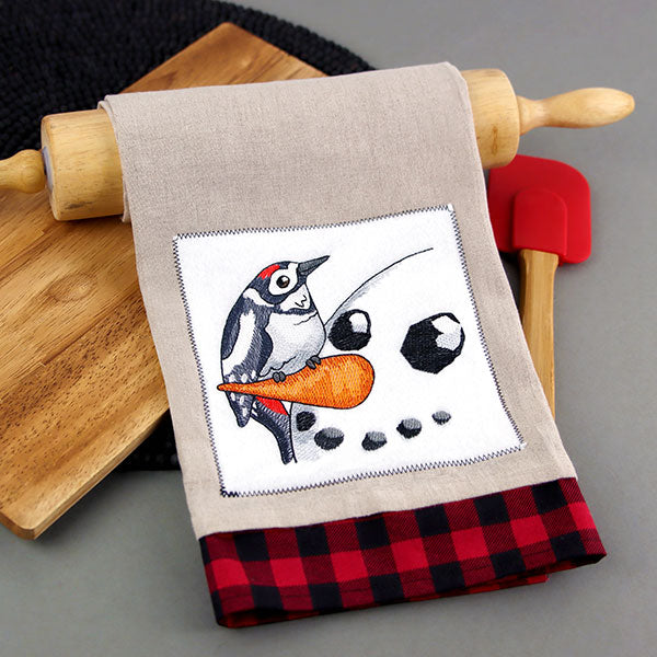 Sweet Peeking Snowman with Woodpecker