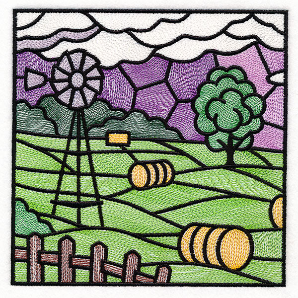 Sweet Countryside Stained Glass Scene - Windmill & Hay