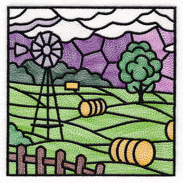 Sweet Countryside Stained Glass Scene - Windmill & Hay