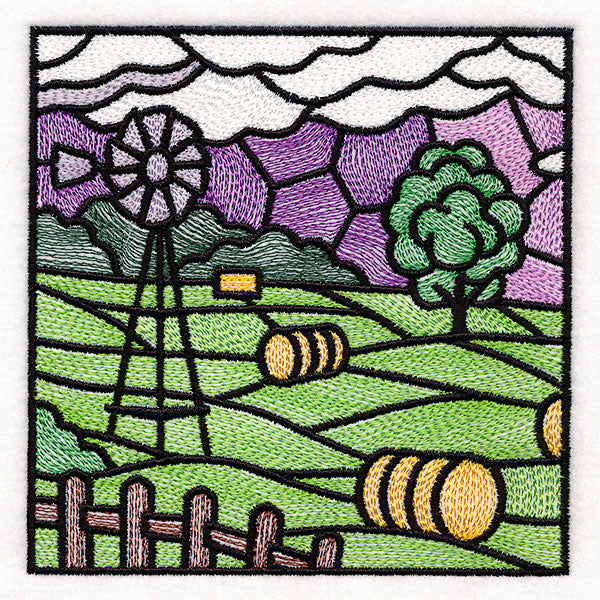 Sweet Countryside Stained Glass Scene - Windmill & Hay