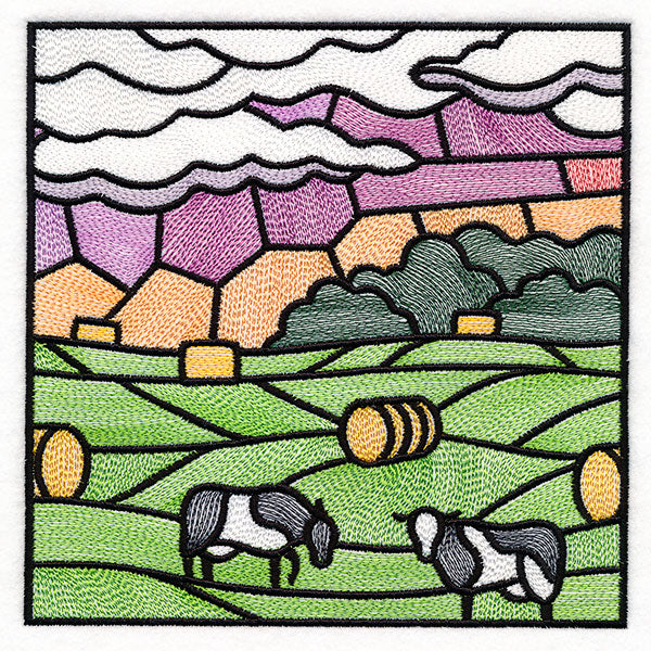 Sweet Countryside Stained Glass Scene - Cows in the Field