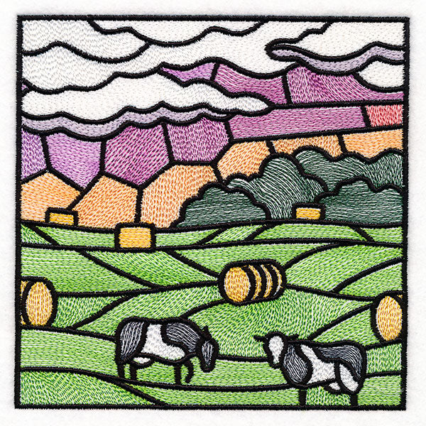 Sweet Countryside Stained Glass Scene - Cows in the Field