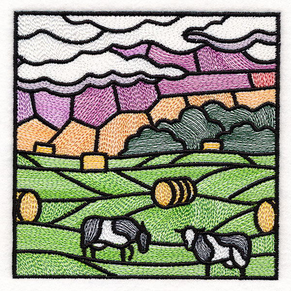 Sweet Countryside Stained Glass Scene - Cows in the Field