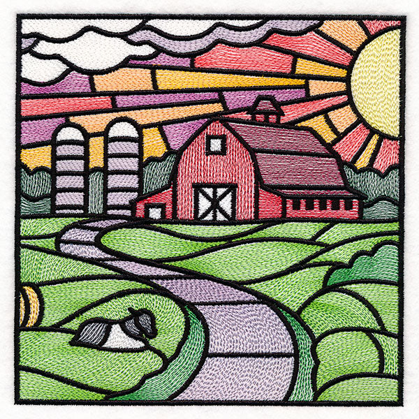 Sweet Countryside Stained Glass Scene - Barn Sunset
