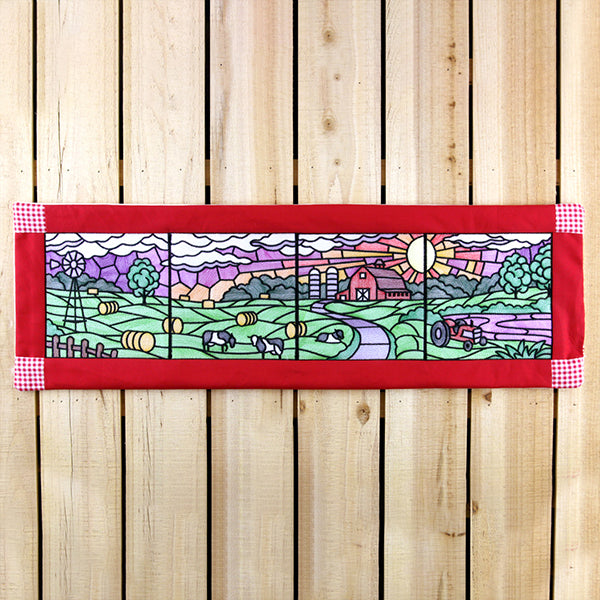 Sweet Countryside Stained Glass Scene - Barn Sunset