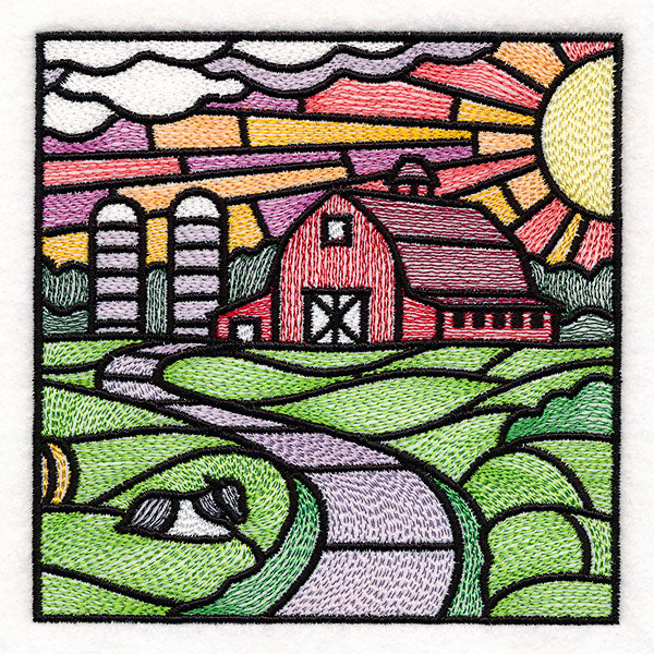 Sweet Countryside Stained Glass Scene - Barn Sunset