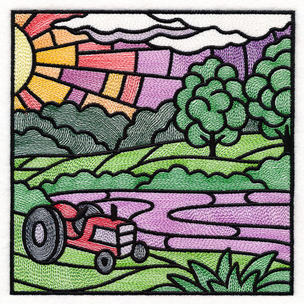 Sweet Countryside Stained Glass Scene - Tractor Sunset