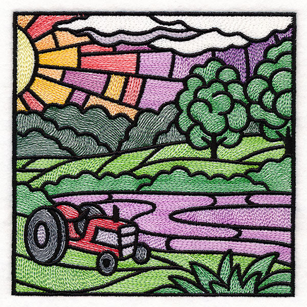 Sweet Countryside Stained Glass Scene - Tractor Sunset