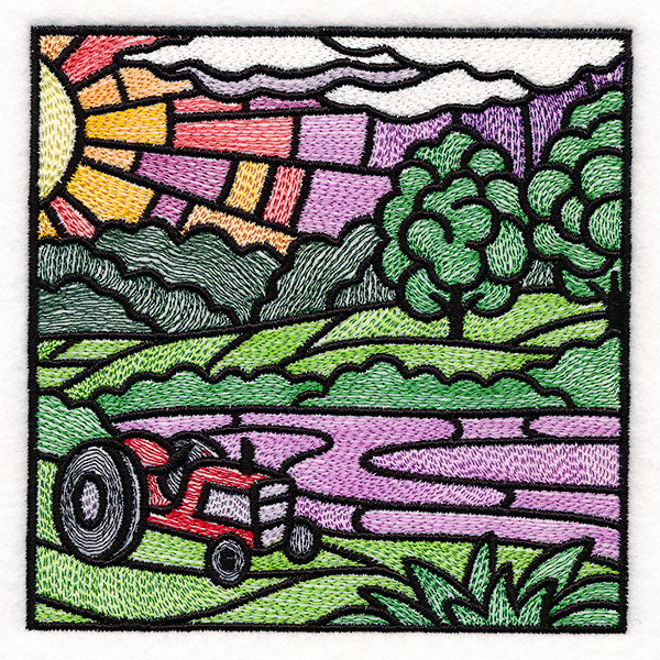 Sweet Countryside Stained Glass Scene - Tractor Sunset
