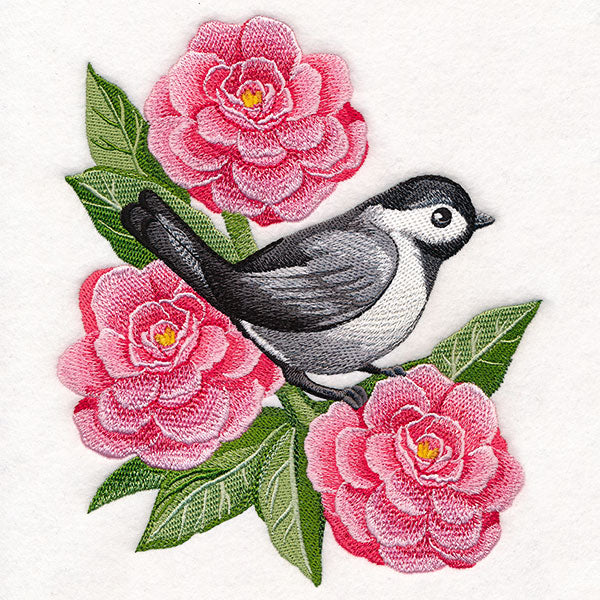 Resting Chickadee in Peonies