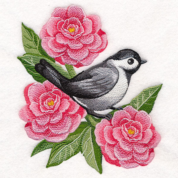 Resting Chickadee in Peonies