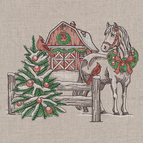 Christmas Horse and Barn Etching