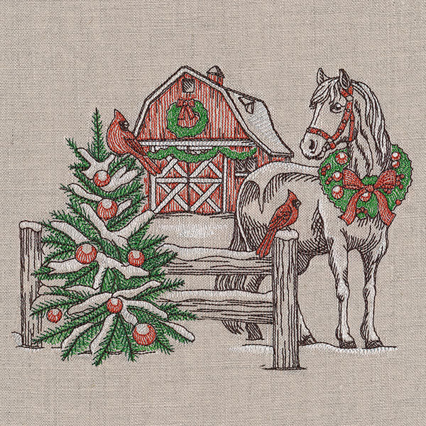 Christmas Horse and Barn Etching