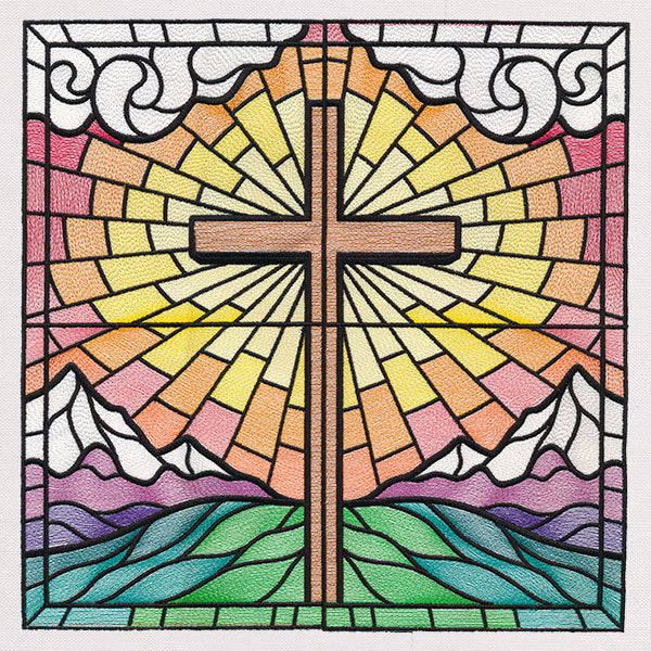 Stained Glass Cross at Sunrise Scene (Large Format)