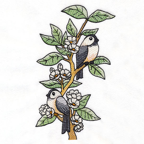 Chickadees on Flowering Branches