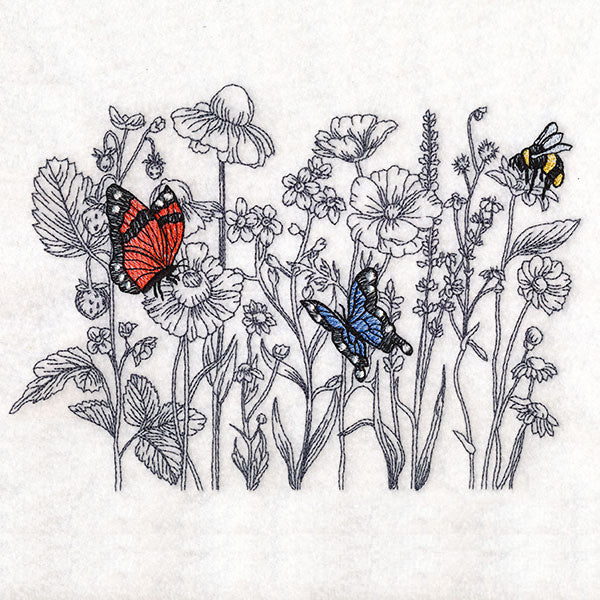 Wildflower Etching with Butterflies & Bee