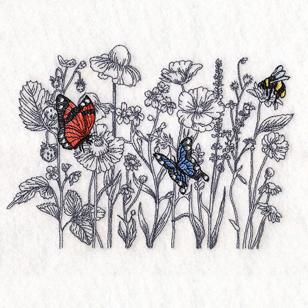 Wildflower Etching with Butterflies & Bee
