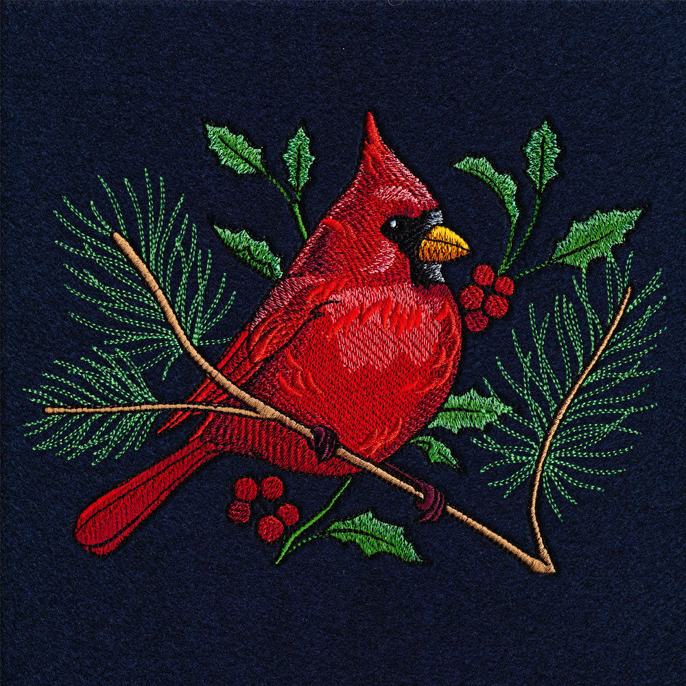 Christmas Night Cardinal with Evergreens and Holly