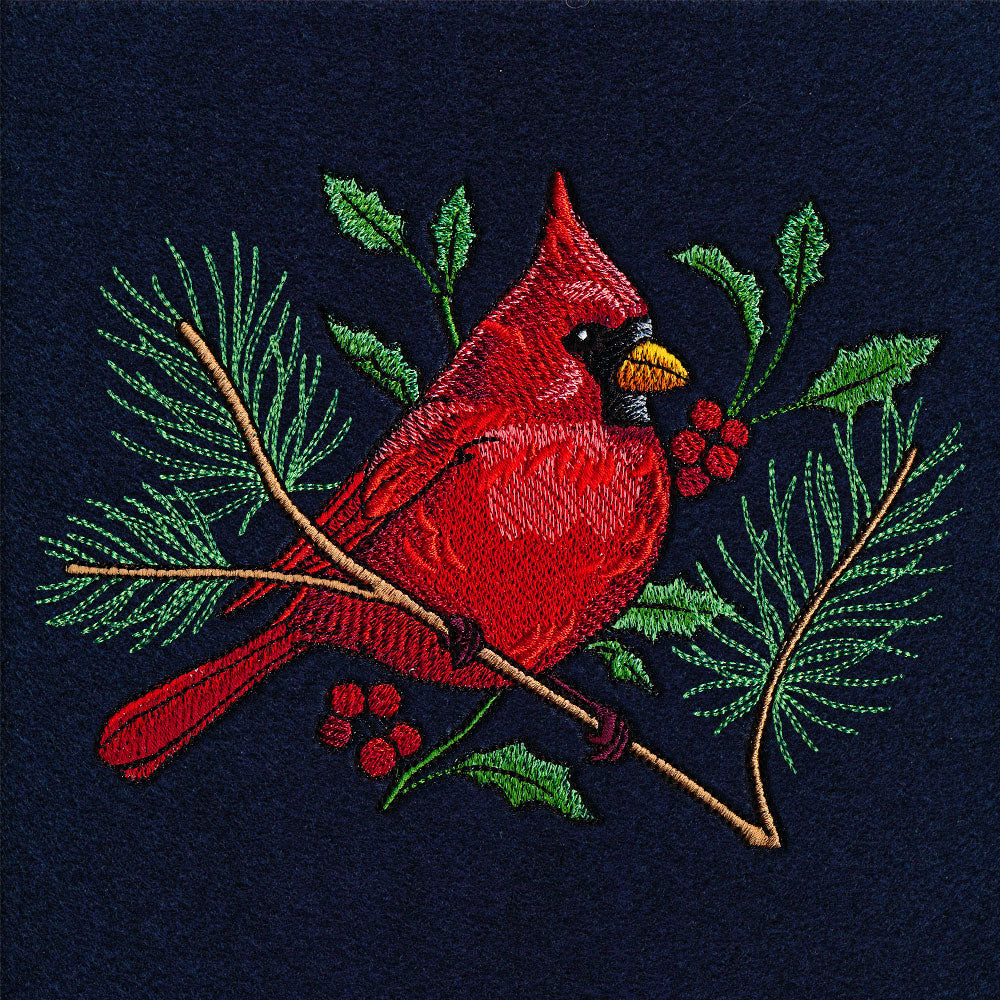 Christmas Night Cardinal with Evergreens and Holly