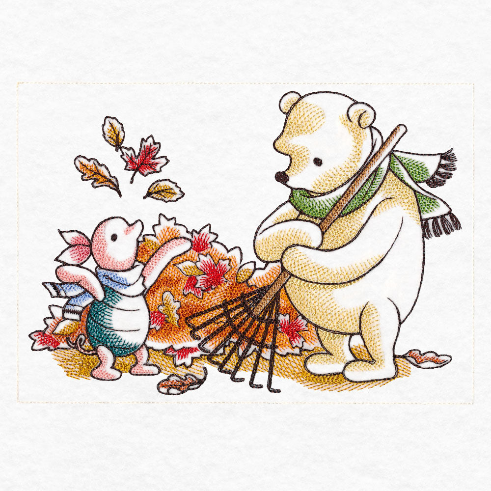 Pooh Bear and Friends in Fall - Raking Leaves