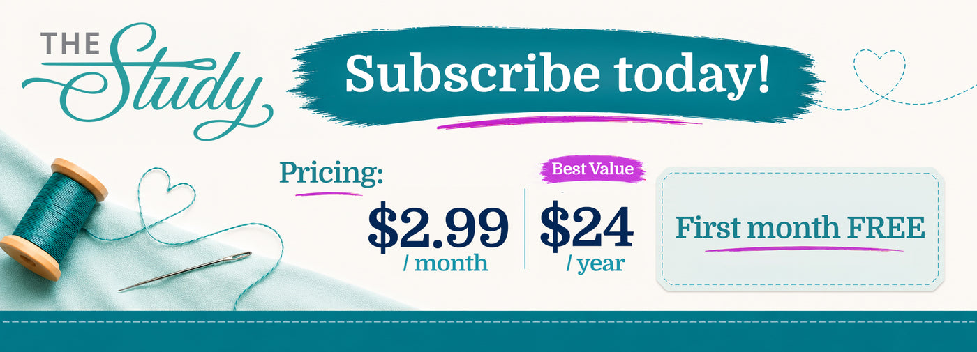 Promotional banner for 'The Study' subscription service, featuring a teal and white design with sewing props like a spool of thread and a needle. The text advertises a subscription pricing of $2.