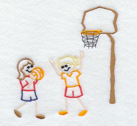 Stick Figure Girls Playing Basketball