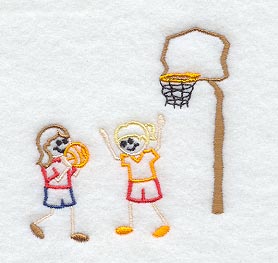 Stick Figure Girls Playing Basketball