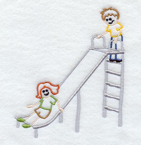 Simple embroidery design featuring stick figures on a ladder and others sliding down, shown as a finished embroidery project.